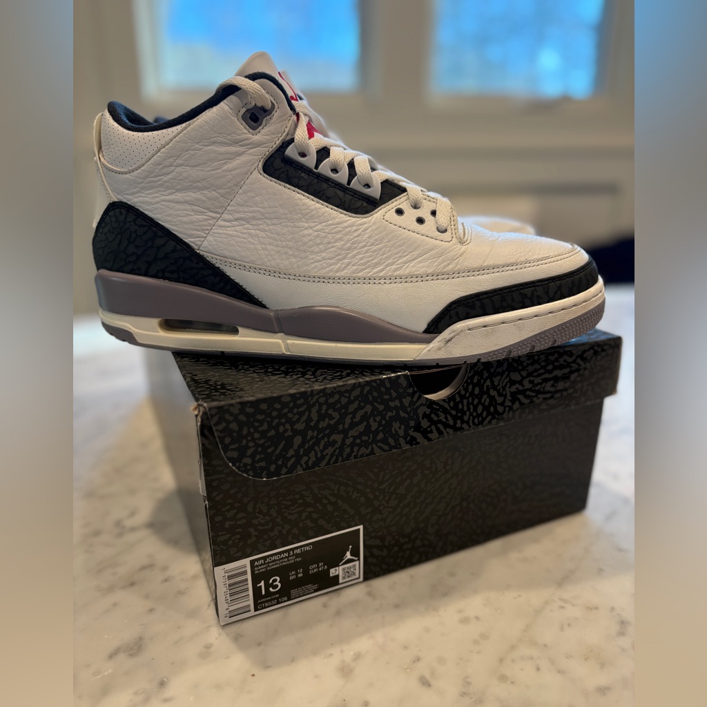 Mens Air Jordan 3 Retro, Summit White,Fire Red, Size 13, Exc Cond!